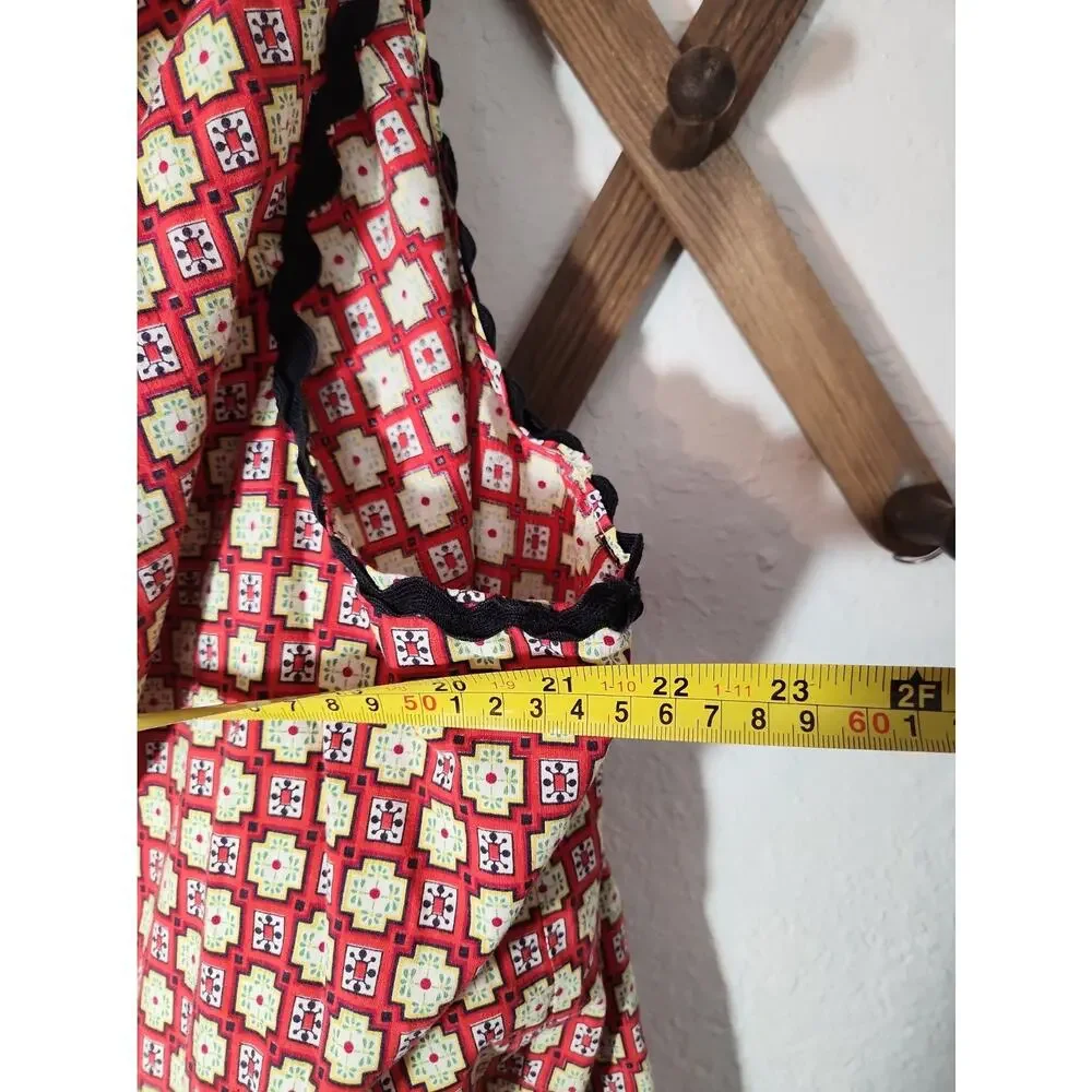 Vintage Handmade Womens Full Apron Red Geometric Print Black Ric Rac Pockets